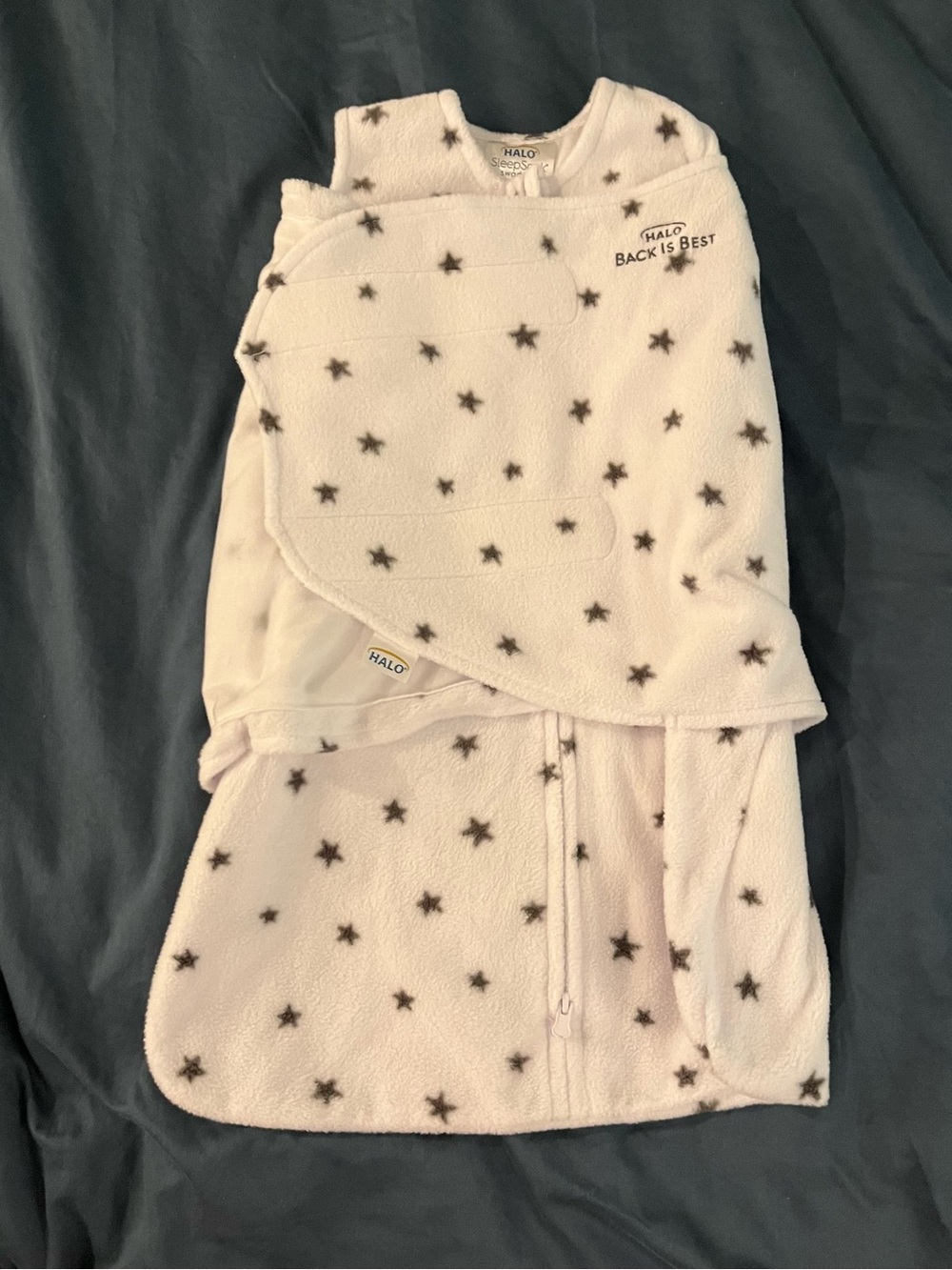 HALO SleepSack Swaddle Size NB/0-3 Months Fleece White with Charcoal Stars